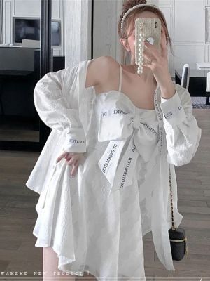 Vestidos White Strapless Braces Dress+Long Shleeve Sunscreen Shirt Sexy Bow Summer Fashion Mori Girl Fresh Sweet Women Clothing