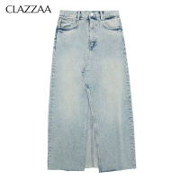 CLAZZAA Women Fashion Solid Blue Denim Midi Skirt Front Slit Female Chic Lady Casual Basic Vintage Long Jeans Skirt