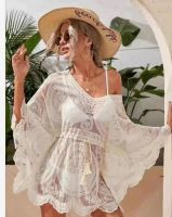 [COD] 2021 new pullover sun protection female lace hollow bat sleeve beach bikini cover-up