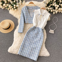 Gorgeous and elegant ladies style temperament suit womens autumn plaid beaded cardigan + thin coat suspender dress woolen two-piece set