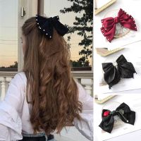 ✵ Women 39;s Satin Double Layer Bow Hair Clips Pearl Headdress Solid Color Hairpin Girls Ponytail Spring Clip Trendy Hair Accessories