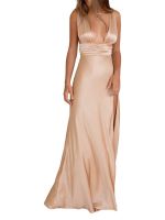 ZZOOI Women High Slit Long Dress Solid Color Low-Cut Sleeveless Evening Party Cocktail