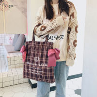 Youda Plaid Women Simple Shoulder Bag Soft Cloth Fabric Handbag Large Capacity Cotton Tote Bow Canvas Bags For Pretty Young Girl