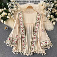 2023 Summer Womens Shirt Bohemian Holiday Style Embroidered Tassel Chiffon Cardigan New Waist Female Slim Short Tops E015