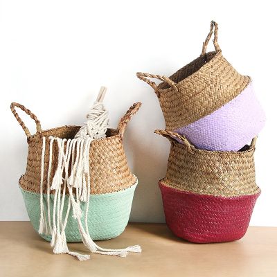 Handmade Woven Storage Basket Folding Laundry Basket Straw Wicker Rattan Seagrass Belly Garden Flower Pot Plant Basket