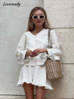 Womens V-Neck Long Sleeved Ruffled Shorts Two-Piece Set Solid Single Breasted Loose Set Sp/Summer Leisure Home Furnishings