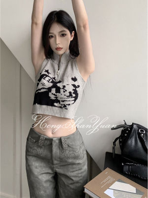 HengShanYuan หญิงสีเทาเสื้อยืด Navel เสื้อกั๊กแขนกุดพิมพ์ลายแบบใหม่