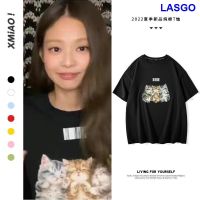 Jennie Jin Zhenni เสื้อคู่เดียวกับผู้ชายผู้หญิงเสื้อยืดแขนสั้นน่ารักสีดำแมวหลวมผ้าฝ้าย