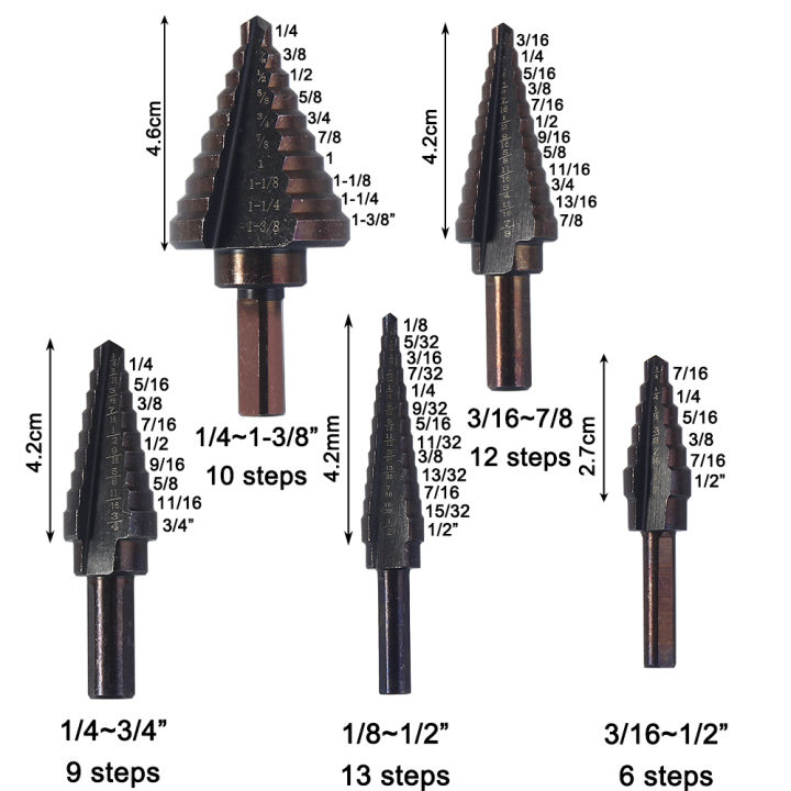 5pcs-metricinch-hss-cobalt-step-drill-bit-set-multiple-hole-50-sizes-with-aluminum-case