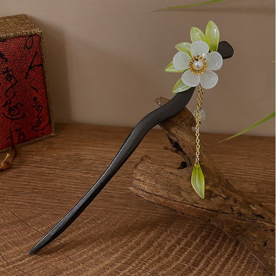 New Antique Flower Tassel Hairpin for Women with Ball Head, Wooden Pan Hairpin, Hanfu Style, Versatile Hair Accessories  6AVX