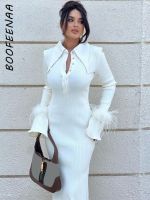 BOOFEENAA-Vestido De Malha Branca Com Penas พารามัลเฮอร์ Manga Comprida Bodycon Vestidos Maxi Moda Inverno Roupas C95-GI47