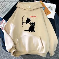 A Cat and An Owl Hoodies Cartoon Graphic Sweatshirts Harajuk Y2k Clothes Streetwear Long Sleeve Pullovers Male Men Tops Size XS-4XL