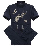 【CW】Chinese Men Cotton Kung Fu Suit Embroidery Wu Shu Uniform Tai Chi Clothing Short Sleeve Shirt Pant M L XL XXL XXXL MS013