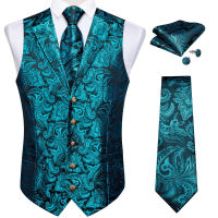 Luxury Teal Paisley ผ้าไหมชุดเสื้อกั๊กสำหรับงานแต่งงานชายอย่างเป็นทางการ Mens Waistcoat คอ Tie ผ้าเช็ดหน้า Cufflinks แฟชั่น Gilet