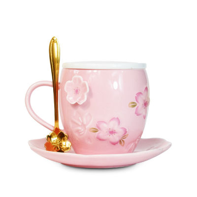 Cute Creative Embossed Cherry Mug Cartoon with Spoon with Lid Simple Ceramic Mug Student Breakfast Mug Milk Cute Flowers Cups and Mugs