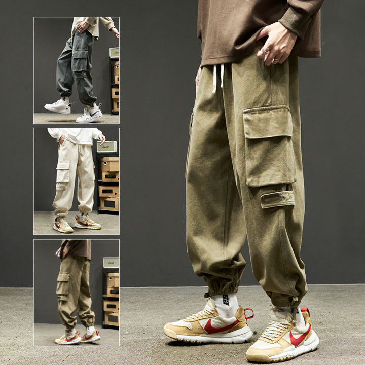 hanlu-กางเกงคาร์โก้ขายาวสำหรับผู้ชายกางเกงขากางเกงทรงหลวมกางเกงมีกระเป๋าหลายกระเป๋า