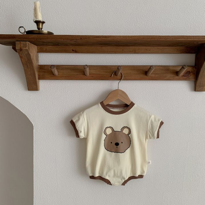 ฤดูร้อนใหม่เด็กทารกบอดี้สูท-beige-สีกากีการ์ตูนหมีรอบคอแขนสั้น-o-neck-jumpsuit-ทารกแรกเกิดเสื้อผ้า-e03202