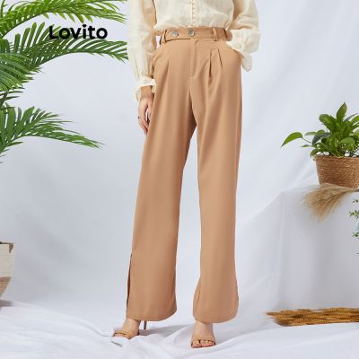 Lovito Casual Plain Basic High waist Comfortable Pants L11D18 (Khaki) Lovito Celana Kasual Polos Dasar Pinggang Tinggi Nyaman L11D18 (Khaki)