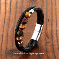 2021 New 10mm Cut Corner Natural Tigers Eye Energy Bracelet Sweet And Romantic Couple Double-Layer Leather Rope 316 Stainless S