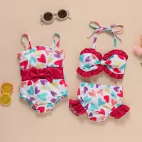 【beautywoo】0-24M Infant Girl Swimsuit Sweet Hearts Pattern Bow Patch Romper 1pc/Halter Tube Top+Ruffle Triangle Shorts 2pcs Beachwear