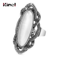 Kinel Top Quality Bohemian Style White Opal Ring Big Oval Silver Plated Mosaic AAA Gray Crystal Rings For Women Vintage Jewelry