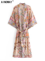 Boho ผู้หญิงนกยูงพิมพ์ Batwing Sleeve Beach Bohemian Kimono Robe สุภาพสตรี V คอ Sashes ฤดูร้อนบิกินี่ Cover-Ups