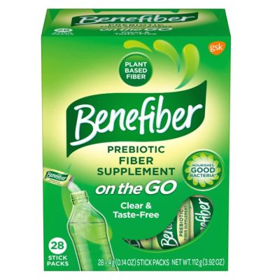 พรีไบโอติก Benefiber On The Go Prebiotic Fiber Powder Unflavored 3.92 Oz, 28 Ct Clear Taste Free (พร้อมของแถม Glowx Hydro Matt)