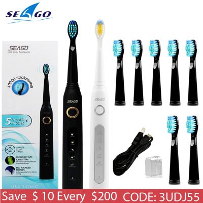 【LZ】۞✾✗  Seago-escova de dentes elétrica sônica recarregável usb lavável eletrônica sg-507 com cabeça de substituição ipx7