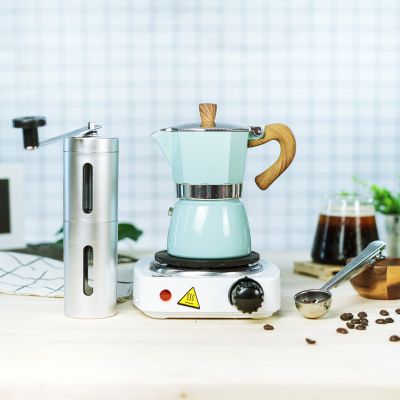 (สีฟ้า) กาต้มมอคค่าพอท Moka Pot ลายไม้ + เตามินิไฟฟ้าสีขาว 500w + เครื่องบดมือหมุน + 2-1 ช้อนหนีบ