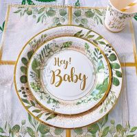 【CW】☊∈✓  8Guests Gold Hey Baby Disposable Tableware Jungle Leaves Napkin Plate Shower Boy Babyshower Supplies