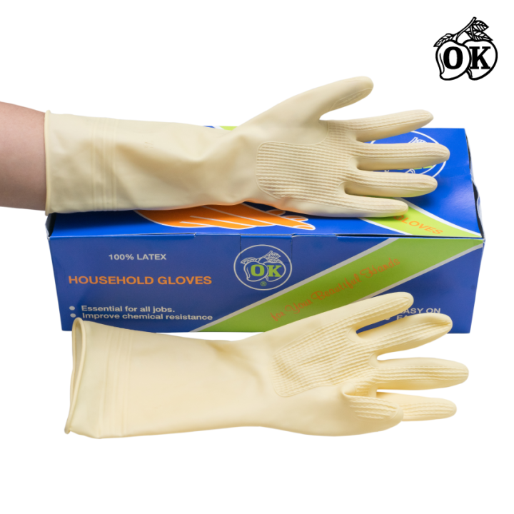 ถุงมือยางตรา-โอ-เค-o-k-rubber-gloves-ถุงมือแม่บ้านสีเนื้อ-household-gloves-ถุงมืออุตสาหกรรม-ผลิตจากยางธรรมชาติ-100-12-คู่