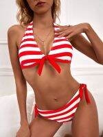 hotx 【cw】 Halter Swimsuit Backless Striped Bandage for Beach Bathsuit Padded Biquini xl