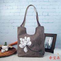 -gh230522g Wind restoring ancient ways womens single shoulder handbag hand hand painted lotus female canvas BaoMinZu sail cloth national characteristics