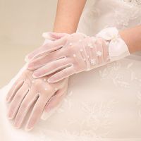 ✌ Women Girls Summer Gloves Sequins Mesh Solid Color Imitation Pearl Bowknot Full Finger Mittens for Wedding Party