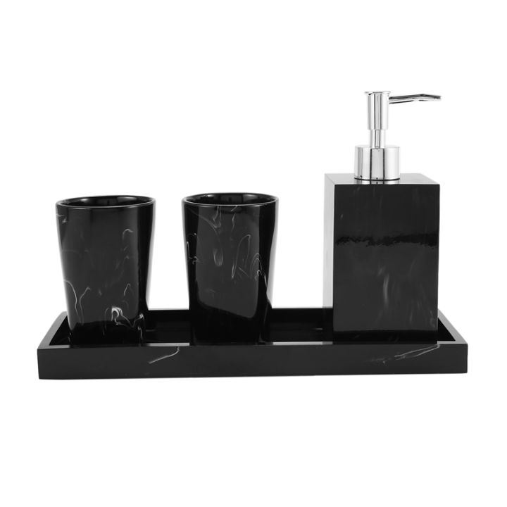marble-texture-bathroom-supplies-black-4pcs-resin-bathroom-accessories-with-dispenser-toothbrush-holder-soap-dispenser