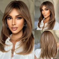 【jw】▣ Ombre Layered Synthetic Wigs With Bangs Medium Length Straight Hairs Wig for Resistant Fake