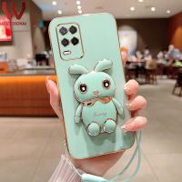 เคสมือจับสำหรับโทรศัพท์มือถือตั้งได้ลายกระต่ายการ์ตูน3D น่ารักสำหรับ OPPO Realme 8 8i 8 Pro Realme 9 9i 9 Pro Narzo 50i 50A กล้องชุบทองกรอบหลังซิลิโคน + สายคล้อง