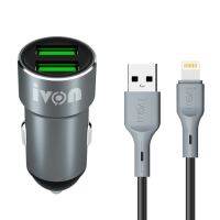 IVON CC38 2.4A ที่ชาร์จแบตในรถ USB คู่ + 1เมตร USB เป็น8ขาชาร์จอย่างเร็วโอนถ่ายข้อมูล Kabel Set