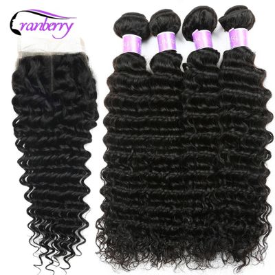 Cranberry Hair Brazilian Deep Wave Bundles With Closure 100 Remy Human Hair 4 Bundles With 4x4 Lace Closure Medium Brown Color