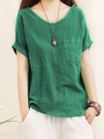 Green Loose Cotton Linen Blouse Plus Size 5XL Blouses Women 2022 Summer Shirts Casual Short Sleeve O Neck Solid Shirt Lady Tops