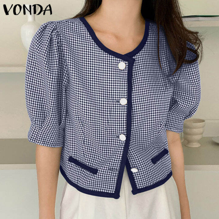 จัดส่งฟรี-fancystyle-vonda-ผู้หญิงเดินทางวินเทจตาข่ายปุ่มลูกเรือคอเสื้ออเนกประสงค์พัฟแขนสั้นเสื้อ-2