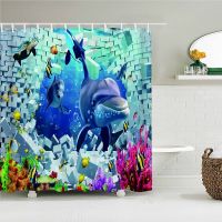 3D Magic Cartoon Dolphin Fish Shower Curtain Beach Landscape Bath Curtain Waterproof Polyester Fabric Bathroom Accessories Decor