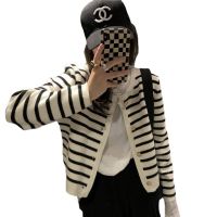 Spot parcel post Womens round Neck Classic Style Knitted Cardigan 2022 Early Autumn New French Striped Loose Short Outerwear Sweater Coat