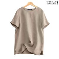 COD dhdfxcz ZANZEA Women Solid O Neck Short Sleeve Casual Loose Side Split Vintage Blouse