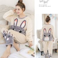 Womens Pyjamas Sets Flannel Rabbit Negligee Pyjamas Plants Lingerie Winter Nightwear Kawaii Pijamas Cartoon Sleepwear Set