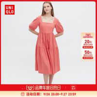 Uniqlo Muji Sisters แบรนด์แฟชั่น Uniqlo อเนกประสงค์ของผู้หญิงผ้าลินินผสมแขนโคมไฟกระโปรงยาวสไตล์หวานกระโปรงยาวชุดผู้หญิงแบบจับจีบฤดูใบไม้ผลิและฤดูร้อน461802