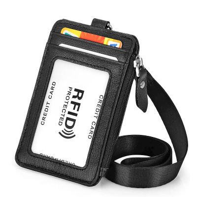 ที่ใส่ป้ายซิปหนังแท้พวงกุญแจ RFID กระเป๋าสตางค์คอสายคล้องพร้อมตะขอเกี่ยวแบบหมุนสำหรับการ์ด/เหรียญ/เงินสดสีดำ