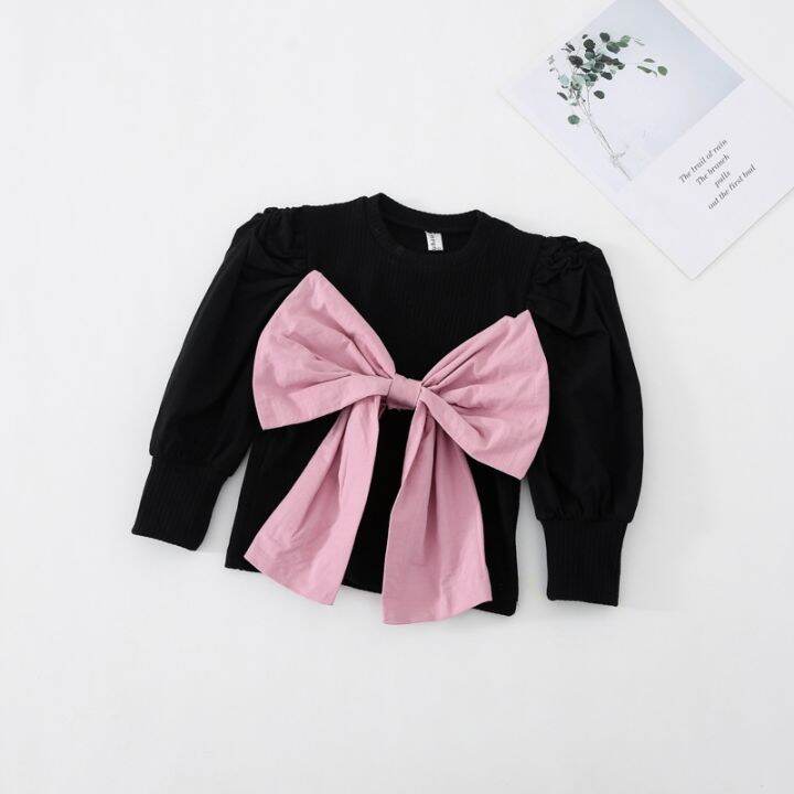 cod-big-bow-puff-sleeve-girls-bottoming-spring-childrens-korean-version-of-knitted-splicing-baby-top