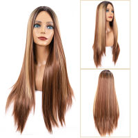 Long Straight Wig Brown Blonde Highlight Synthetic Wig 28 Inch Heat Resistant Fiber Middle Part Wig Highlights Full Hair Wigs