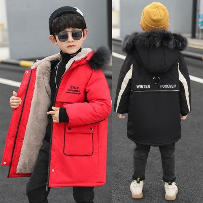 2023 Winter Boys Jacket Plush Thicken Cold Prevention Solid Color Hooded Down Cotton Windbreaker Coat For 4-14 Years Old Kids